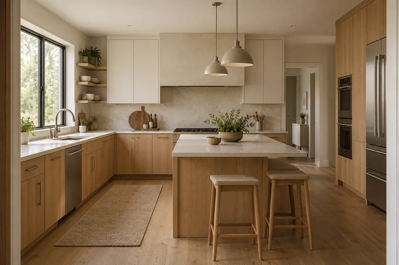 AI-generated concept of a kitchen with oak cabinetry and pale stone surfaces; not a real client project.